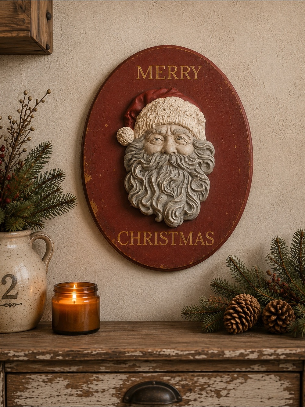 Rustic Merry Christmas Santa Wall Plaque - Red and Cream